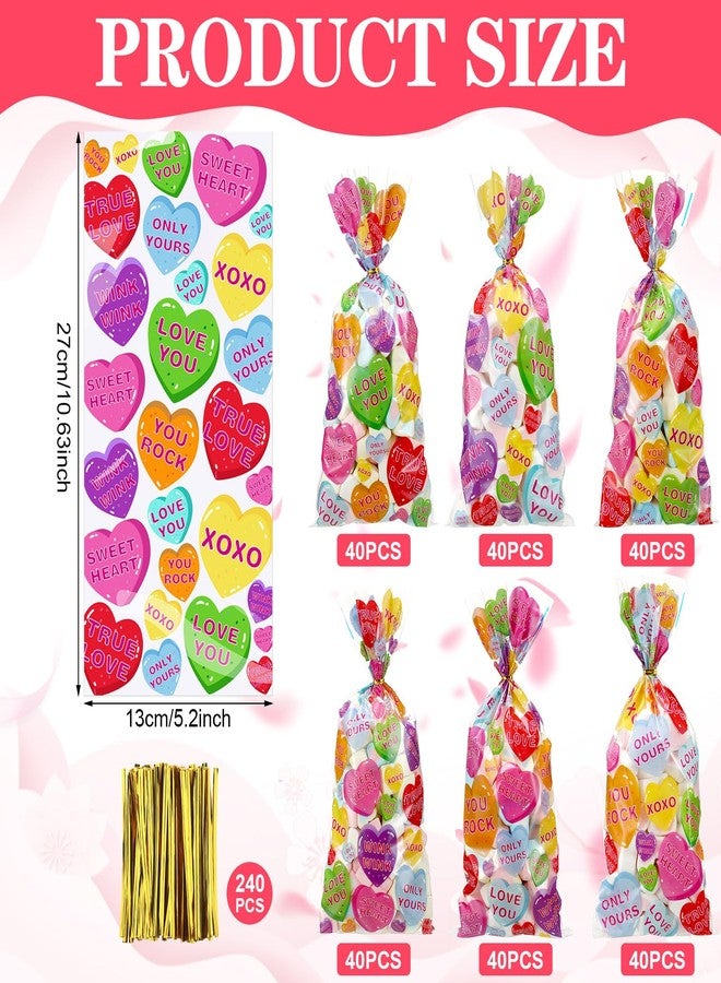 Yeyeplum 480 Pcs Valentine's Day Conversation Heart Cellophane Bags Bulk Set 240 Valentines Treat Clear Goodie Gift Bags with 240 Twist Ties for Valentines Wedding Party Favor Supplies - Image 2